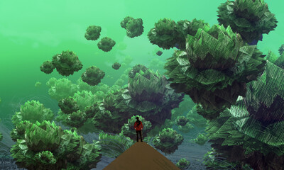 Imaginary world. Surreal alternative realm. Dream like abstract imaginary image. 2d illustration. Human standing on an edge. © Jakub