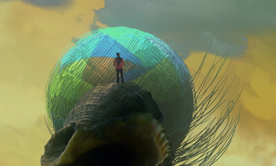 Imaginary world. Surreal alternative realm. Dream like abstract imaginary image. 2d illustration. Human standing on an edge. © Jakub