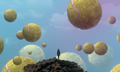 Imaginary world. Surreal alternative realm. Dream like abstract imaginary image. 2d illustration. Human standing on an edge. © Jakub