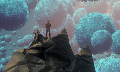 Imaginary world. Surreal alternative realm. Dream like abstract imaginary image. 2d illustration. Human standing on an edge. © Jakub