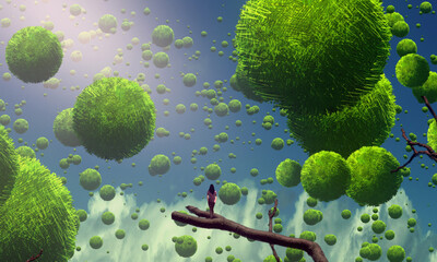 Imaginary world. Surreal alternative realm. Dream like abstract imaginary image. 2d illustration. Human standing on an edge. © Jakub