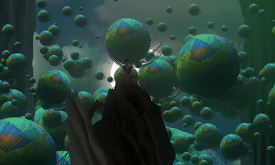 Human standing on an edge. Imaginary world. Alternative realm. Surrealism. Dream like abstract imaginary image. © Jakub
