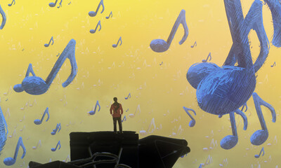 Human standing on an edge. Imaginary world. Alternative realm. Surrealism. Dream like abstract imaginary image. © Jakub