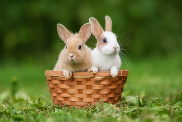 Two little rabbits sitting in the basket in summer - 478039753