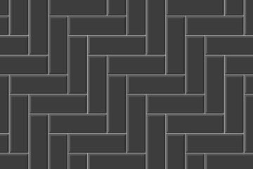 Black herringbone metro tile. Kitchen backsplash or bathroom floor surface seamless pattern. Subway stone or ceramic brick wall background. Vector flat illustration.
