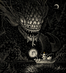 Fototapeta premium Dark night illustration with characters in cartoony style. poster and card art, midevil characters