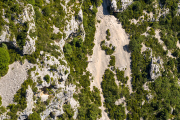 A landslide in the Gorges du Verdon in Europe, in France, Provence Alpes Cote dAzur, in the Var, in summer, on a sunny day.