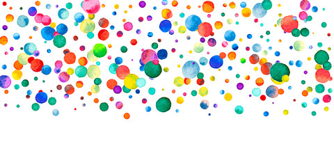 Watercolor confetti on white background. Alive rainbow colored dots. Happy celebration wide colorful bright card. Delicate hand painted confetti.