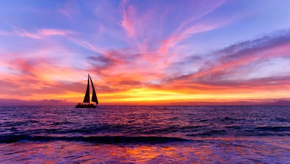 Deurstickers Colorful Sunset Sailboat Inspirational Nature Sailing Beautiful Ocean Sail Boat Sunrise © mexitographer