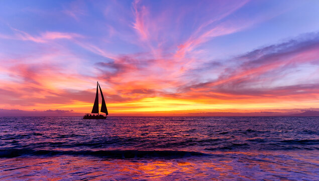 Colorful Sunset Sailboat Inspirational Nature Sailing Beautiful Ocean Sail Boat Sunrise