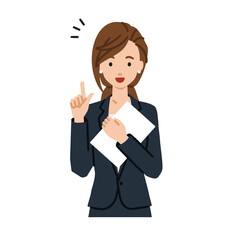 立って書類を手に持って何かひらめいたスーツの女性