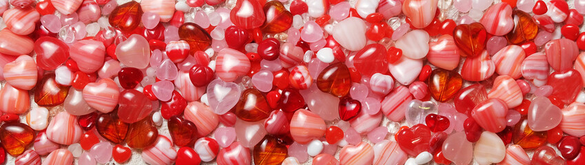 Background of white, pink and red glass beads in the shape of a heart for a banner and other designs for Valentine's Day and other holidays, selective focus, horizontal orientation.