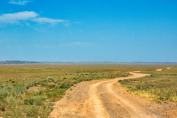 Fototapeta na wymiar steppe road landscape Kazakhstan