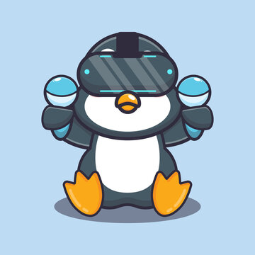 Cute penguin playing virtual reality. Cute cartoon animal illustration.