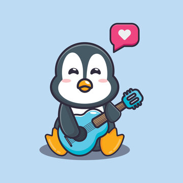 Cute penguin playing guitar. Cute cartoon animal illustration.