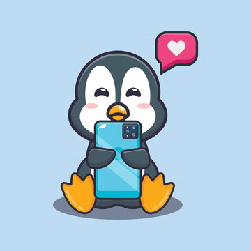 Cute penguin with phone. Cute cartoon animal illustration.