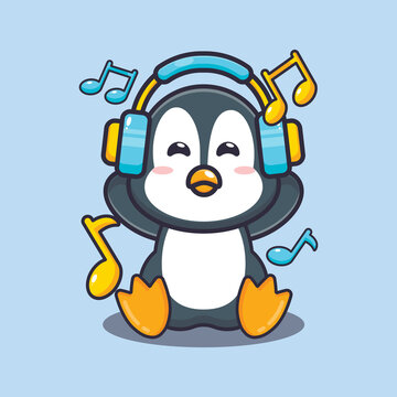 Cute penguin  listening music with headphone. Cute cartoon animal illustration.