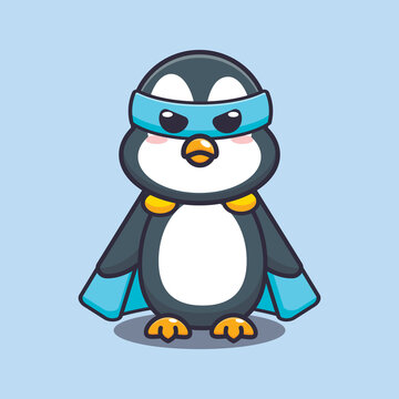 Cute super penguin. Cute cartoon animal illustration.