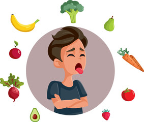 Teen Boy Disliking Healthy Eating Vector Cartoon Illustration - obrazy, fototapety, plakaty