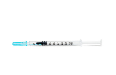 Slip tip syringe 1ml. Single use syringe with measuring scale. Used to measure and distribute medicine to pets, infants and toddlers. Or measure liquid or water in accurate amounts. Isolated on white.