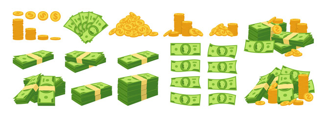 Money cash dollar stack, pile coin cartoon set. Gold coins heap, bank currency. Hundreds paper green dollars bundle bill. Huge packed banknotes, accumulation finance debt. Isolated vector illustration - obrazy, fototapety, plakaty