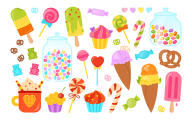 Sweets cartoon set, muffin, lollipop, ice cream, pretzel chocolate. Kawaii party colorful sweet food collection. Holiday celebrate sugar dessert. Surprise isolated vector illustration