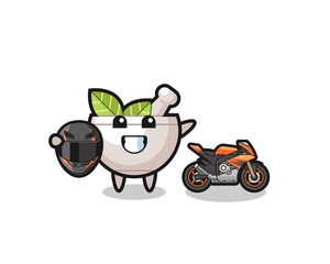 cute herbal bowl cartoon as a motorcycle racer
