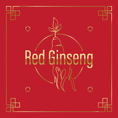 Korean or Chinese red ginseng root, Text label in Korean cultivated ginseng. Ginseng symbol for Korean cosmetics, Chinese medicine, food products, tea packages. Ginseng logo. Vector illustration