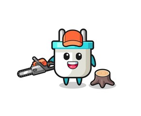 electric plug lumberjack character holding a chainsaw
