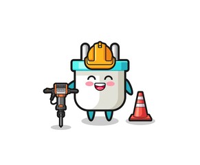 road worker mascot of electric plug holding drill machine