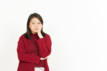 Boring Gesture Of Beautiful Asian Woman Wearing Red Shirt Isolated On White Background