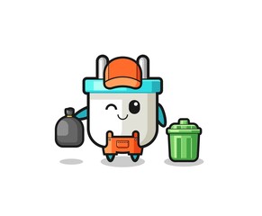 the mascot of cute electric plug as garbage collector