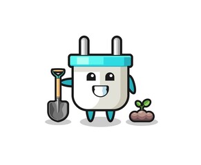 cute electric plug cartoon is planting a tree seed