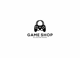 logo for game store with game stick combined with shopping bag