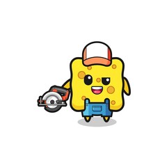 the woodworker sponge mascot holding a circular saw