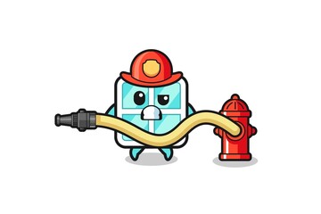 window cartoon as firefighter mascot with water hose