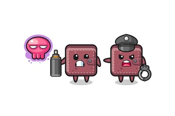 leather wallet cartoon doing vandalism and caught by the police