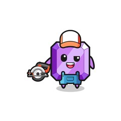 the woodworker purple gemstone mascot holding a circular saw