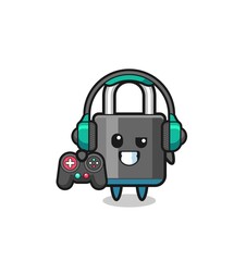 padlock gamer mascot holding a game controller
