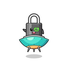 padlock cartoon riding a future spaceship
