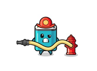 power bank cartoon as firefighter mascot with water hose