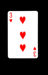 Three of Hearts Playing Card on Black Background