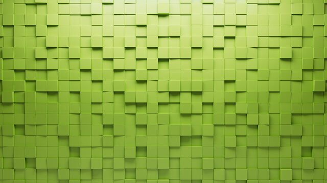 3D Tiles arranged to create a Futuristic wall. Semigloss, Green Background formed from Square blocks. 3D Render