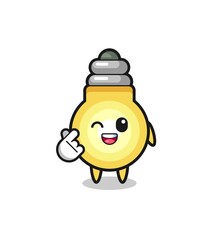 light bulb character doing Korean finger heart