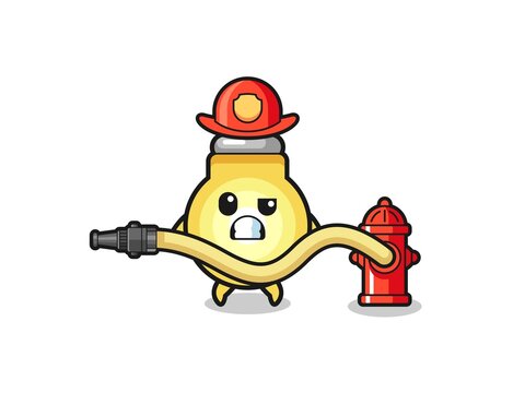 light bulb cartoon as firefighter mascot with water hose