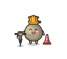 road worker mascot of money sack holding drill machine