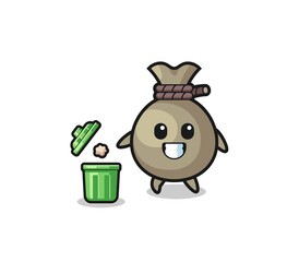 illustration of the money sack throwing garbage in the trash can