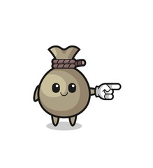 money sack mascot with pointing right gesture