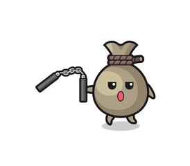 cartoon of money sack using nunchaku