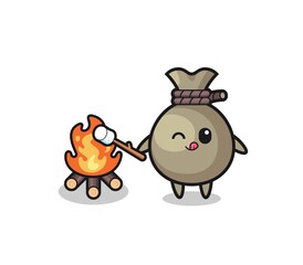 money sack character is burning marshmallow